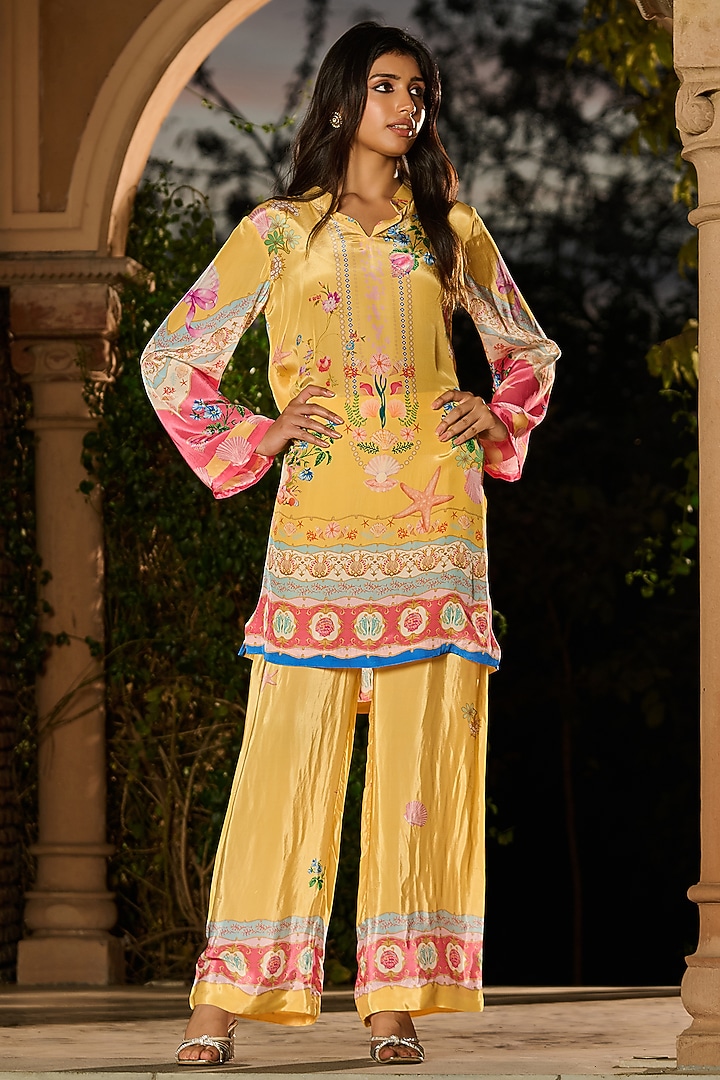 Yellow Silk & Crepe Printed Kurta Set by RINESSA at Pernia's Pop Up Shop