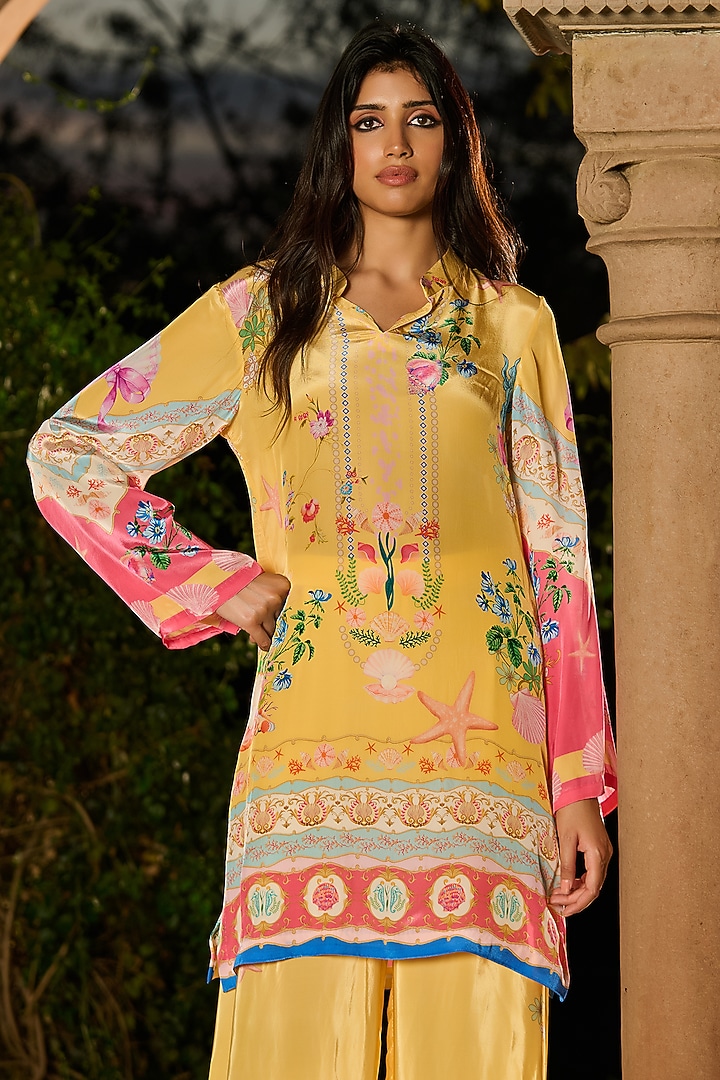 Yellow Silk & Crepe Printed Kurta Set by RINESSA at Pernia's Pop Up Shop