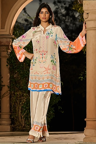 Ivory Silk & Crepe Printed Kurta Set by RINESSA