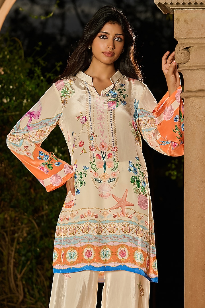 Ivory Silk & Crepe Printed Kurta Set by RINESSA at Pernia's Pop Up Shop