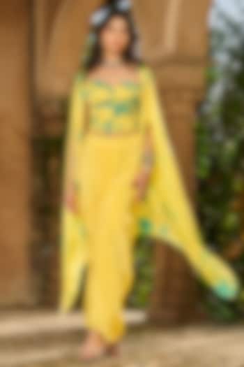 Yellow Georgette Satin Fluid Dhoti Skirt Set by RINESSA at Pernia's Pop Up Shop