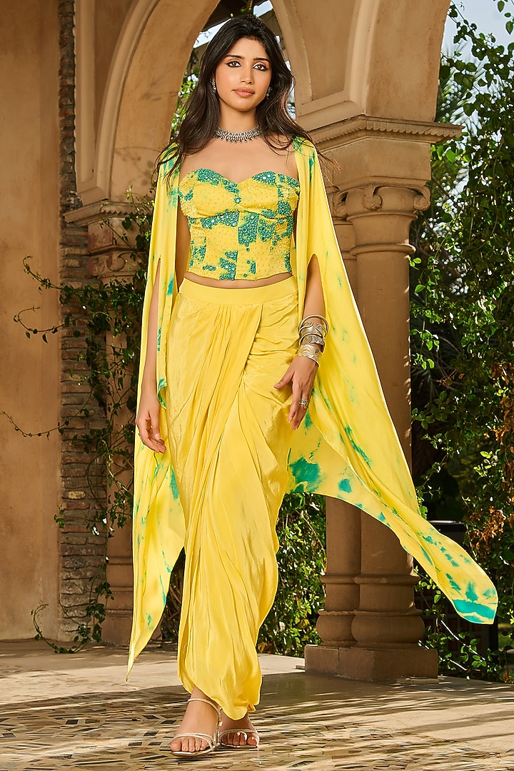 Yellow Georgette Satin Fluid Dhoti Skirt Set by RINESSA at Pernia's Pop Up Shop