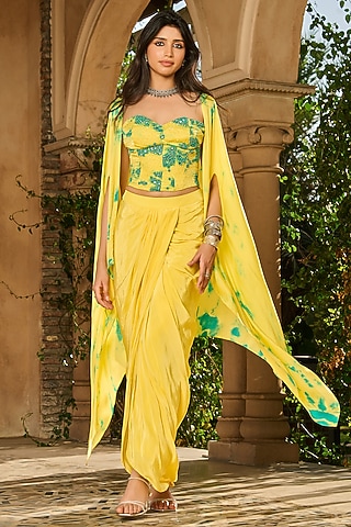 Yellow Georgette Satin Fluid Dhoti Skirt Set by RINESSA
