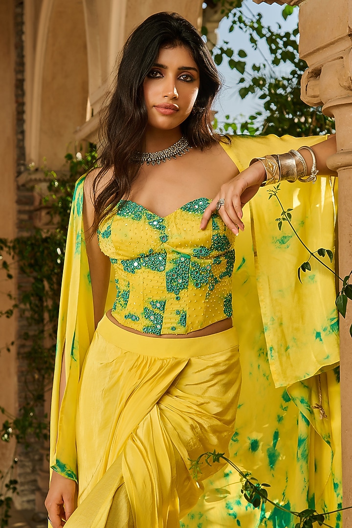 Yellow Georgette Satin Fluid Dhoti Skirt Set by RINESSA at Pernia's Pop Up Shop