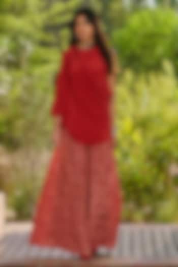 Red Crepe & Dupion Printed Party Wear Sharara Set by RINESSA at Pernia's Pop Up Shop