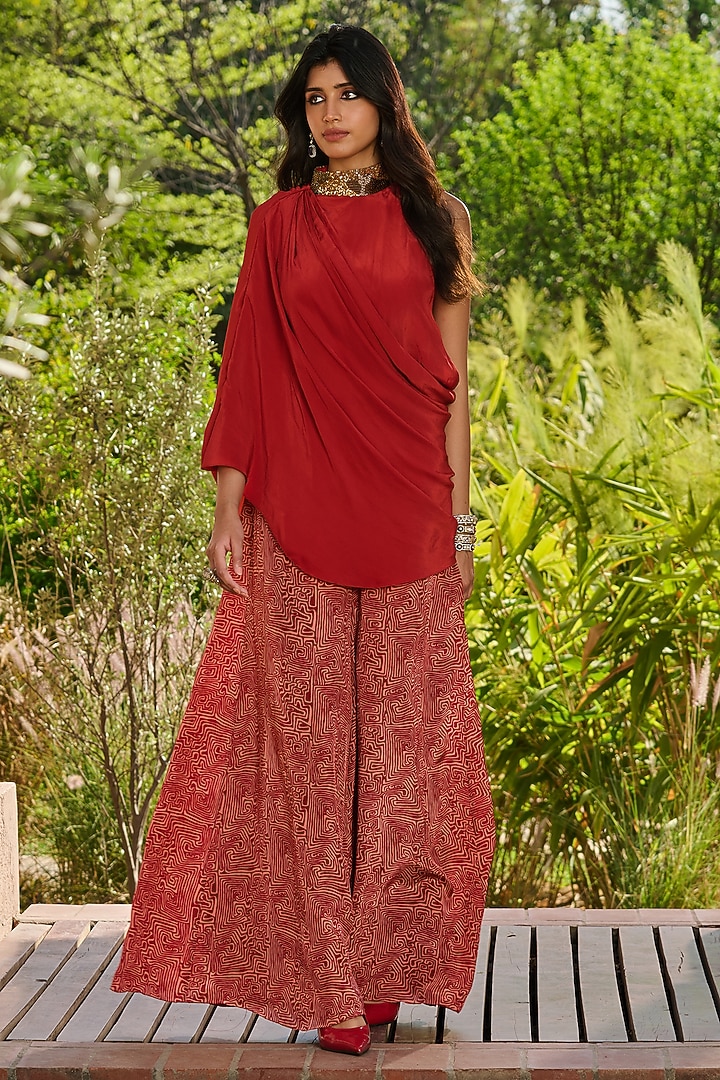 Red Crepe & Dupion Printed Party Wear Sharara Set by RINESSA at Pernia's Pop Up Shop