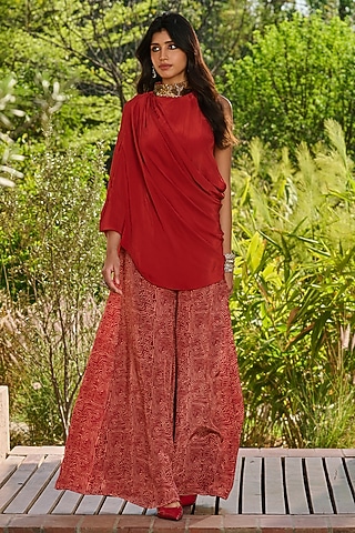Red Crepe & Dupion Printed Sharara Set by RINESSA