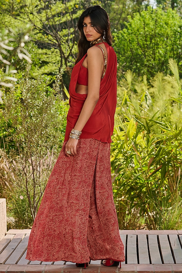 Red Crepe & Dupion Printed Party Wear Sharara Set by RINESSA at Pernia's Pop Up Shop