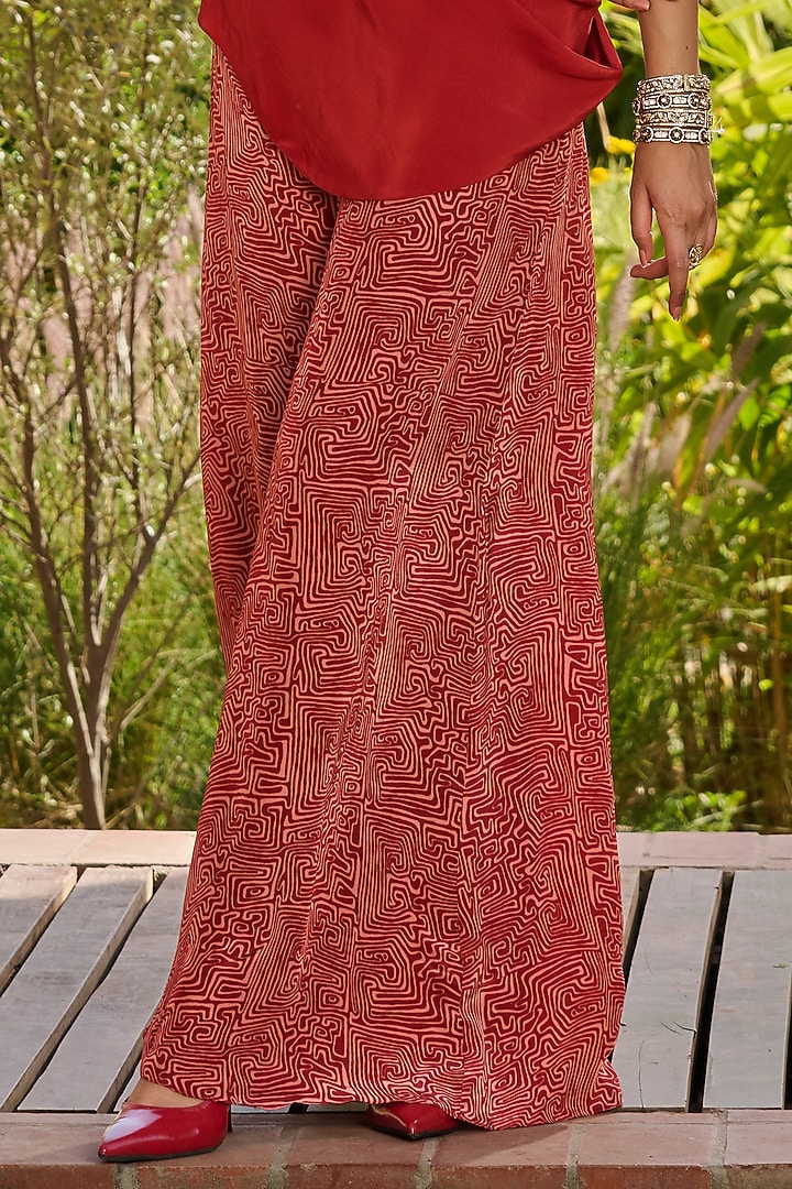 Red Crepe & Dupion Printed Party Wear Sharara Set by RINESSA at Pernia's Pop Up Shop