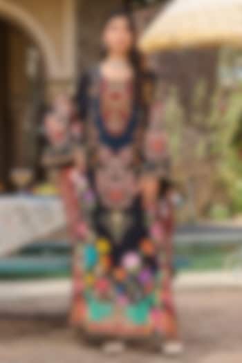 Black & Maroon Crepe Floral Printed Kaftan by RINESSA at Pernia's Pop Up Shop