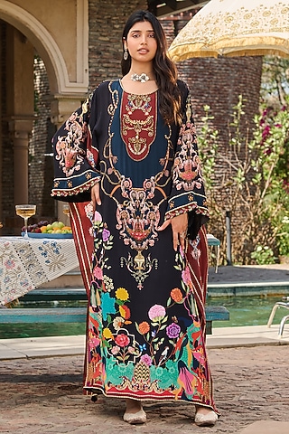 Black & Maroon Crepe Floral Printed Kaftan by RINESSA