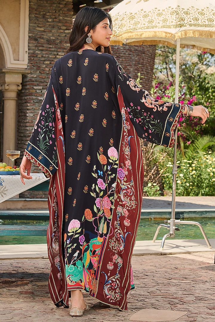 Black & Maroon Crepe Floral Printed Kaftan by RINESSA at Pernia's Pop Up Shop