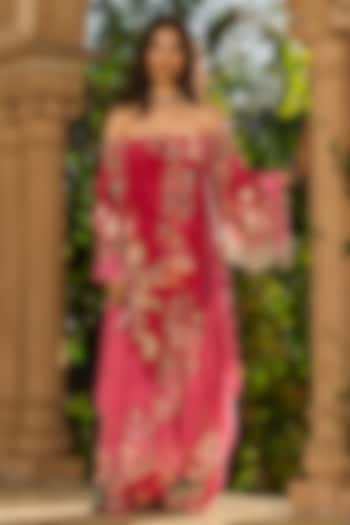 Pink & Rose Crepe Hand Embellished Off-Shoulder Kaftan by RINESSA at Pernia's Pop Up Shop
