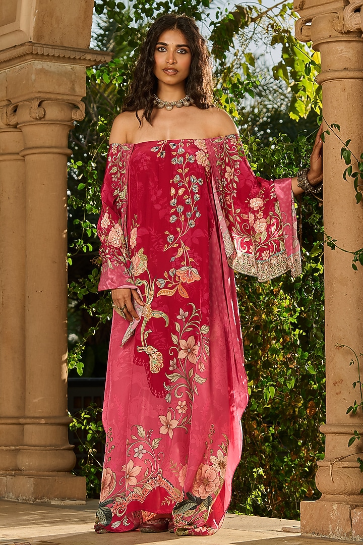 Pink & Rose Crepe Hand Embellished Off-Shoulder Kaftan by RINESSA at Pernia's Pop Up Shop