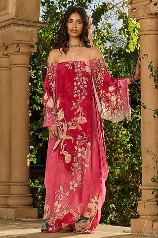 Pink & Rose Crepe Hand Embellished Off-Shoulder Kaftan by RINESSA