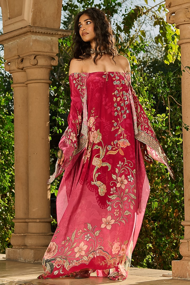 Pink & Rose Crepe Hand Embellished Off-Shoulder Kaftan by RINESSA at Pernia's Pop Up Shop