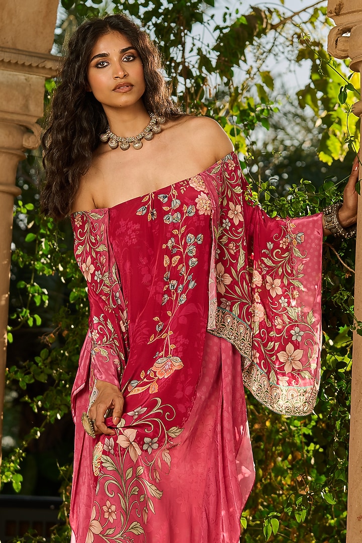 Pink & Rose Crepe Hand Embellished Off-Shoulder Kaftan by RINESSA at Pernia's Pop Up Shop
