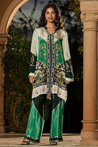 Emerald Green Crepe Floral Printed Co-Ord Set by RINESSA