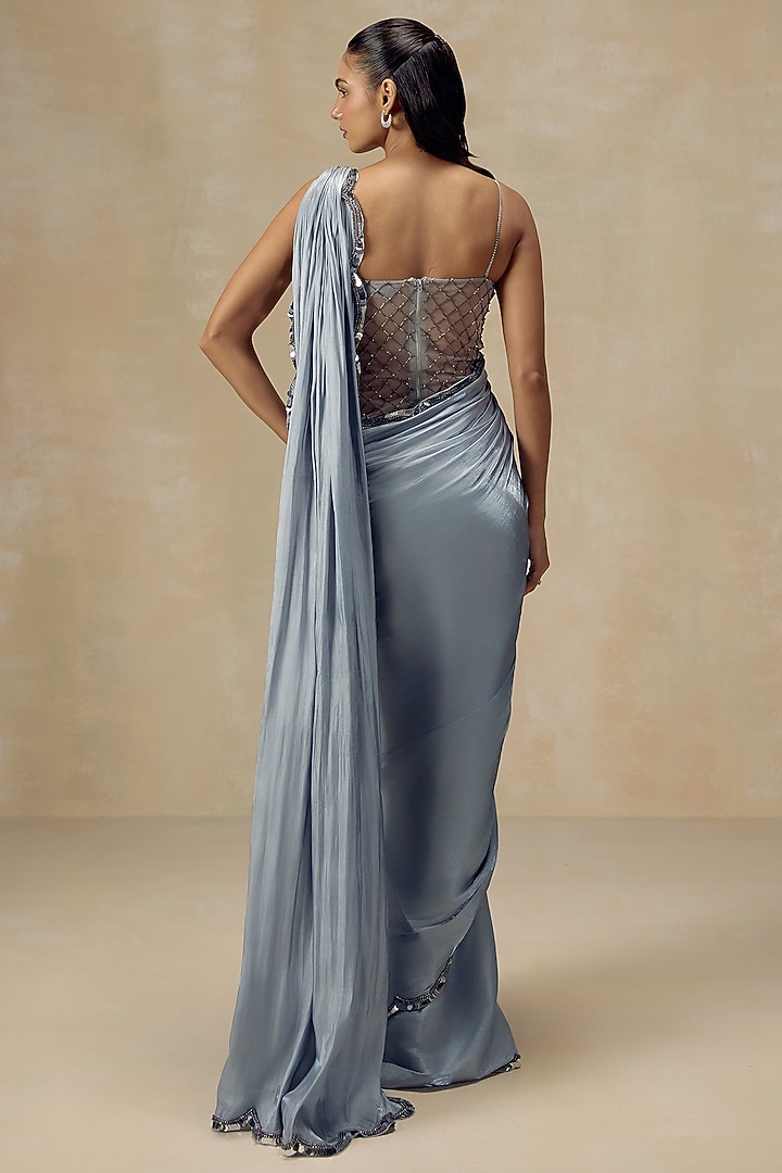 Silver Shimmer Tissue Pre-Draped Wedding Saree Set by RINESSA at Pernia's Pop Up Shop