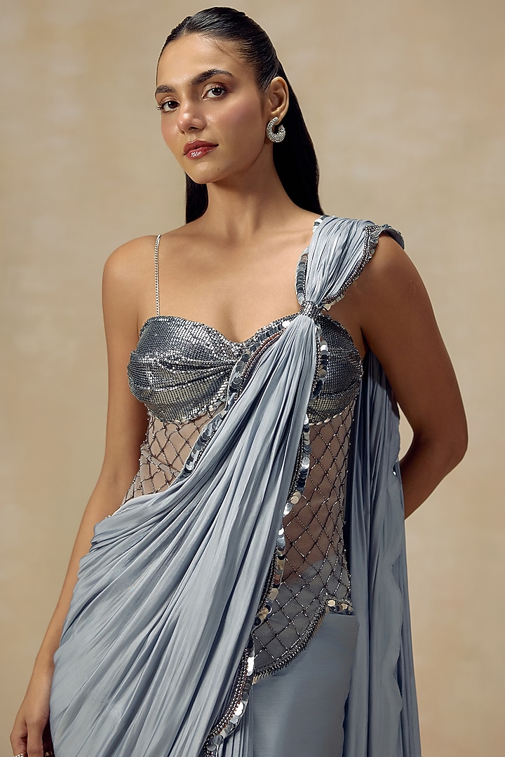 Silver Shimmer Tissue Pre-Draped Wedding Saree Set by RINESSA at Pernia's Pop Up Shop