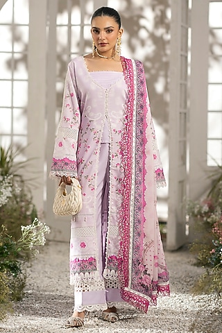 Pink Cotton Lace Embellished & Digital Printed Kurta Set by RINESSA
