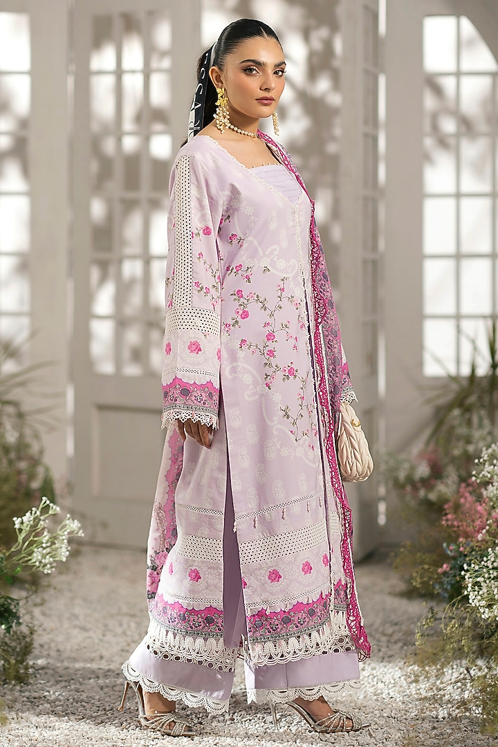Pink Cotton Lace Embellished & Digital Printed Kurta Set by RINESSA at Pernia's Pop Up Shop