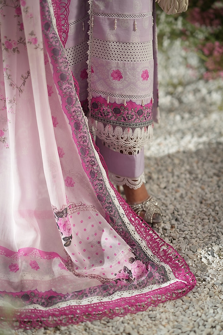 Pink Cotton Lace Embellished & Digital Printed Kurta Set by RINESSA at Pernia's Pop Up Shop