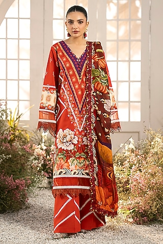 Crimson Rust Red Cotton Digital Printed Kurta Set by RINESSA