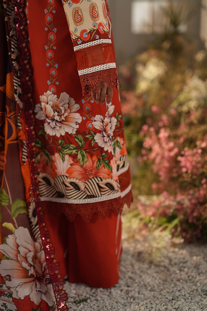 Crimson Rust Red Cotton Digital Printed Kurta Set by RINESSA at Pernia's Pop Up Shop
