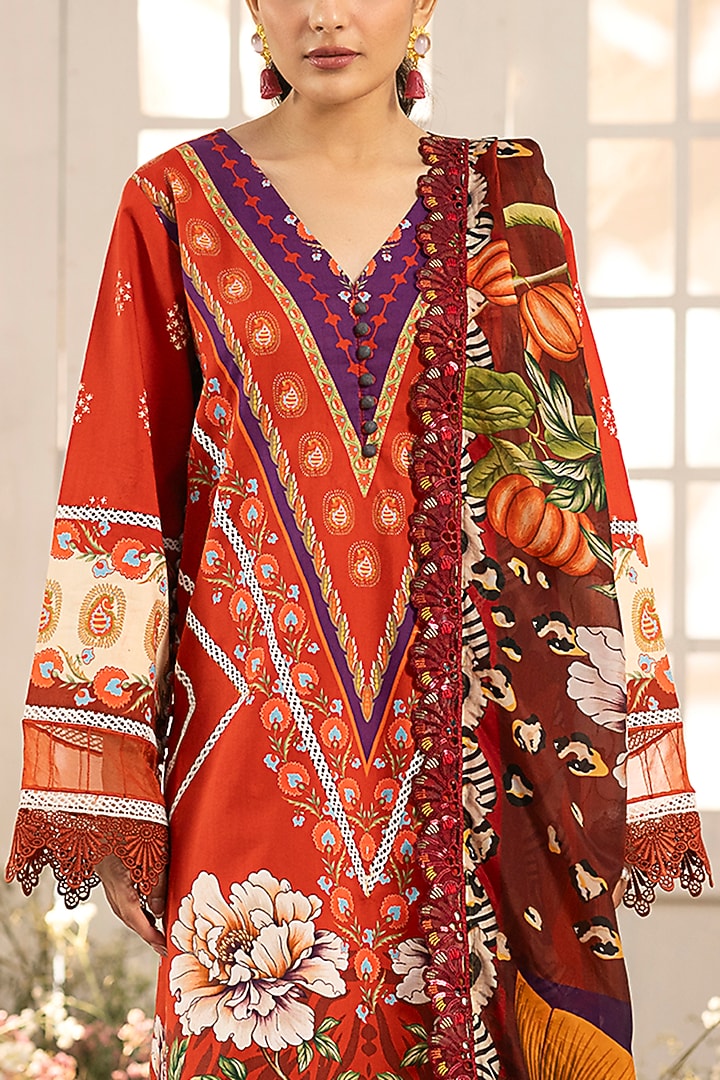 Crimson Rust Red Cotton Digital Printed Kurta Set by RINESSA at Pernia's Pop Up Shop