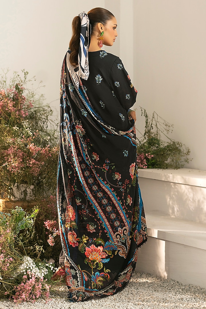 Black Cotton Beadwork & Digital Printed Kurta Set by RINESSA at Pernia's Pop Up Shop