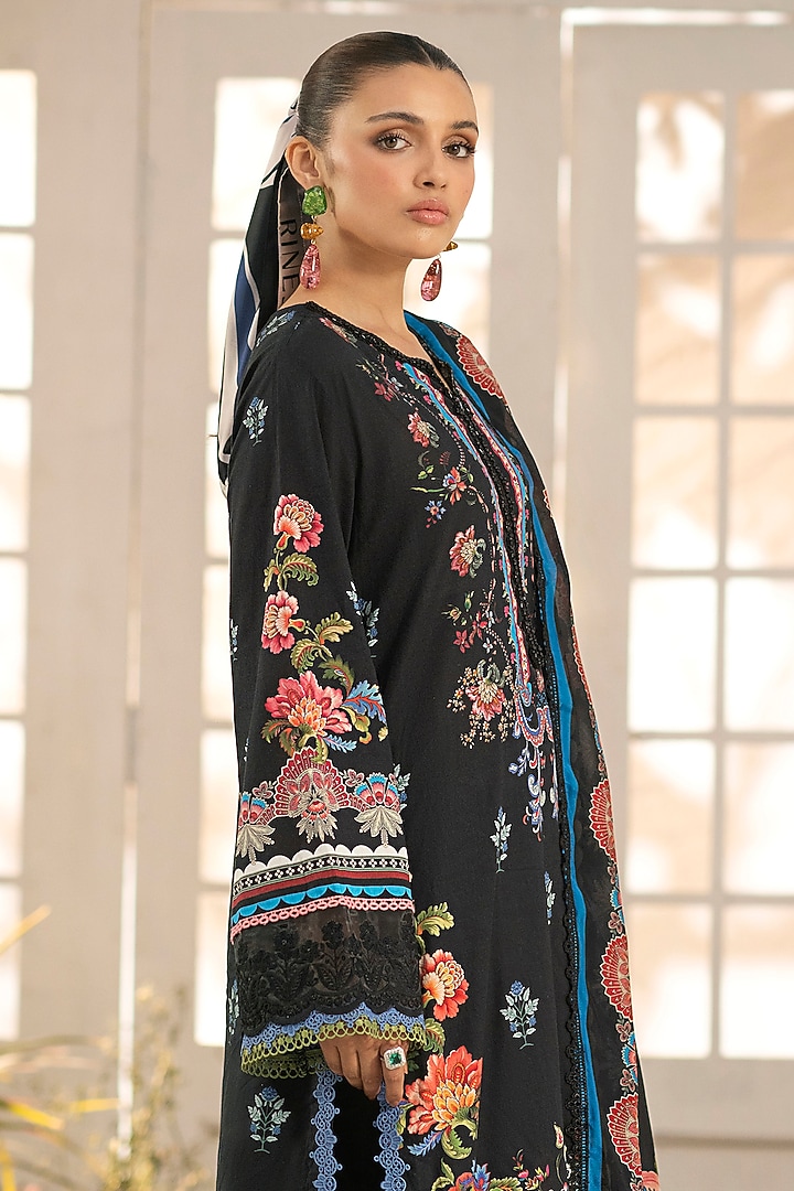 Black Cotton Beadwork & Digital Printed Kurta Set by RINESSA at Pernia's Pop Up Shop