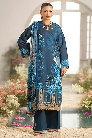 Blue Cotton Digital Printed Kurta Set by RINESSA