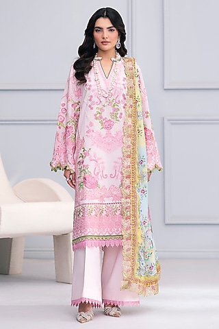 Pink Cotton Printed & Embroidered Kurta Set by RINESSA