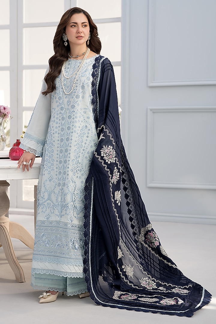 Sky Blue Cotton Lace Embroidered Kurta Set by RINESSA at Pernia's Pop Up Shop