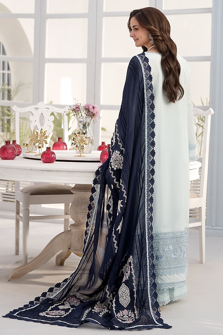 Sky Blue Cotton Lace Embroidered Kurta Set by RINESSA at Pernia's Pop Up Shop