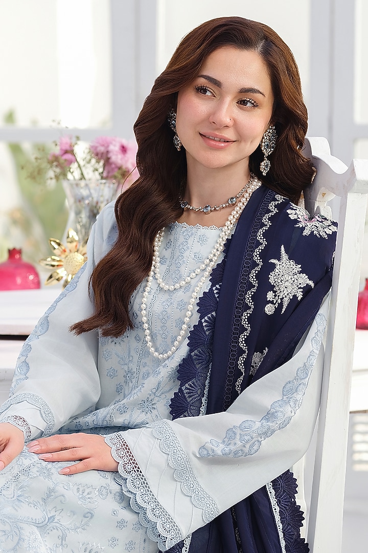 Sky Blue Cotton Lace Embroidered Kurta Set by RINESSA at Pernia's Pop Up Shop