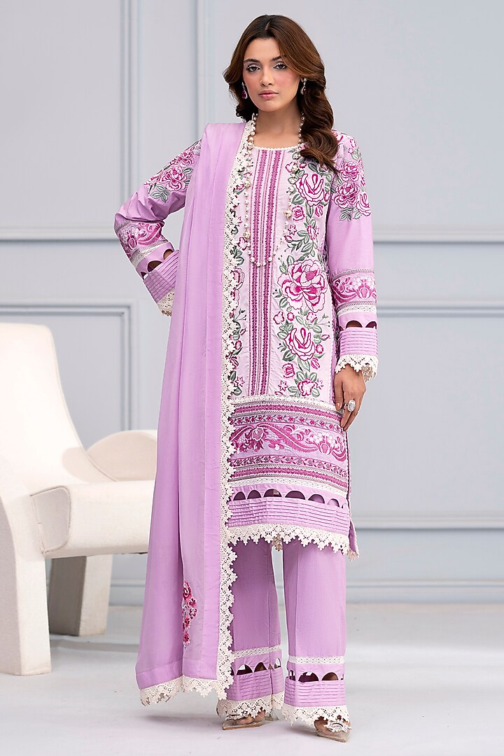 Orchid Purple Cotton Lace Embroidered Kurta Set by RINESSA at Pernia's Pop Up Shop