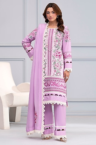 Orchid Purple Cotton Lace Embroidered Kurta Set by RINESSA