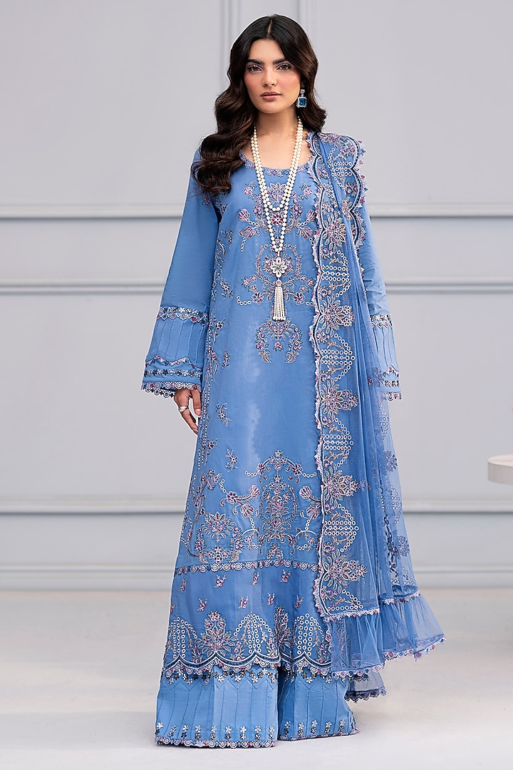 Provence Blue Cotton Lace Embroidered Kurta Set by RINESSA at Pernia's Pop Up Shop