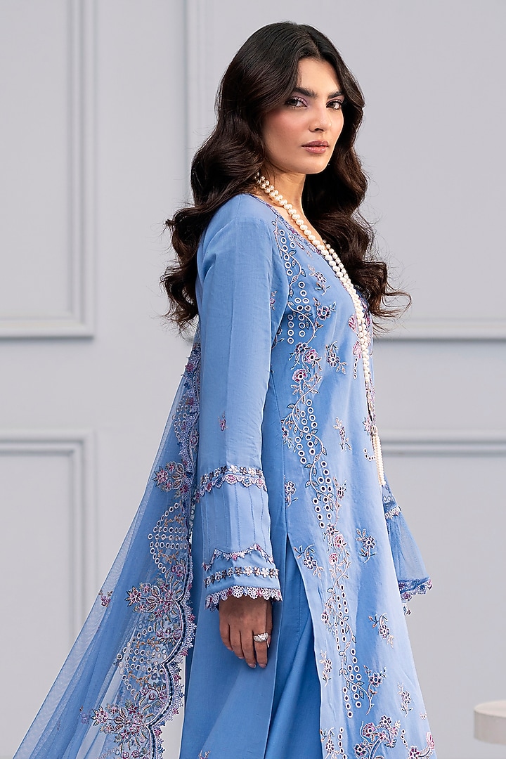 Provence Blue Cotton Lace Embroidered Kurta Set by RINESSA at Pernia's Pop Up Shop
