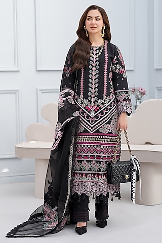 Black Cotton Lace Embroidered Kurta Set by RINESSA