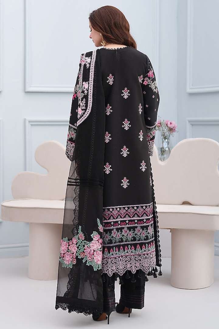 Black Cotton Lace Embroidered Kurta Set by RINESSA at Pernia's Pop Up Shop