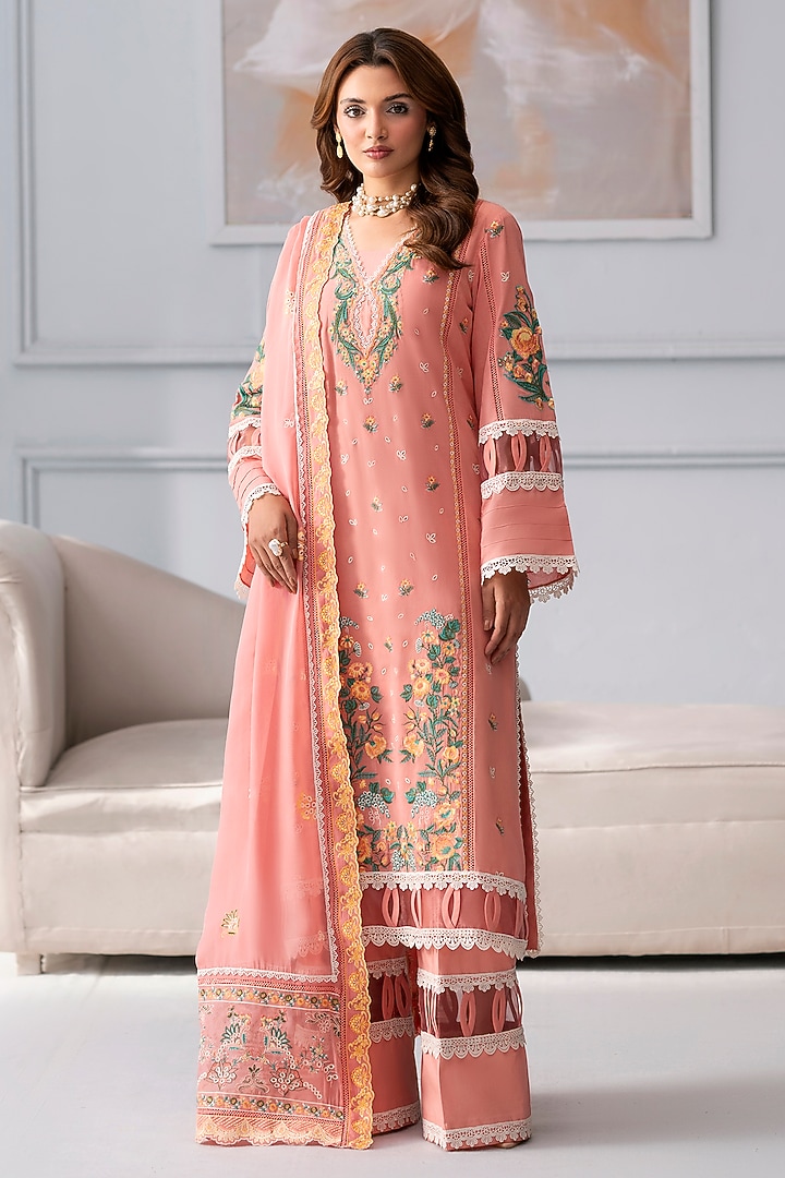 Coral Cotton Lace Embroidered Kurta Set by RINESSA at Pernia's Pop Up Shop