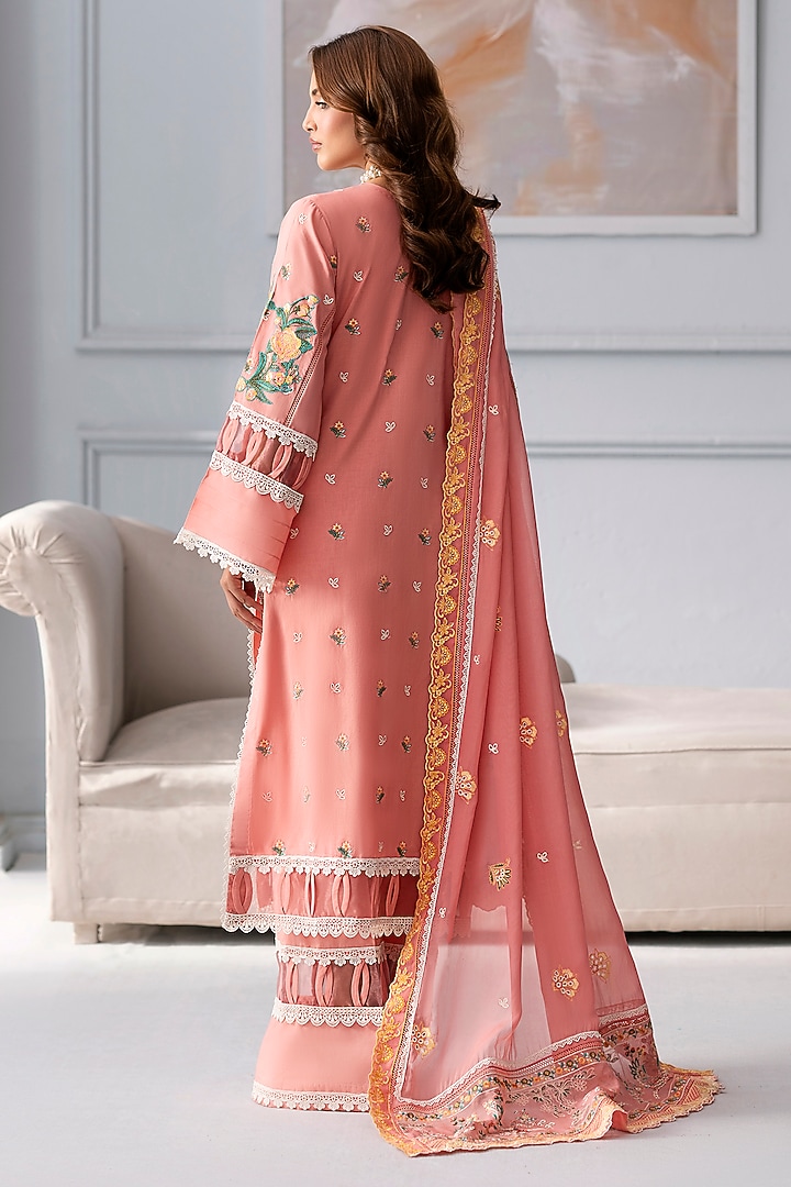 Coral Cotton Lace Embroidered Kurta Set by RINESSA at Pernia's Pop Up Shop