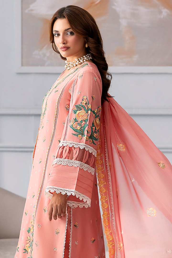 Coral Cotton Lace Embroidered Kurta Set by RINESSA at Pernia's Pop Up Shop