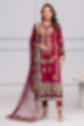 Cherry-Colored Cotton Lace Embroidered Kurta Set by RINESSA at Pernia's Pop Up Shop