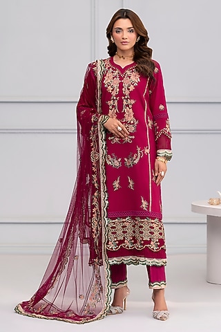 Cherry-Colored Cotton Lace Embroidered Kurta Set by RINESSA