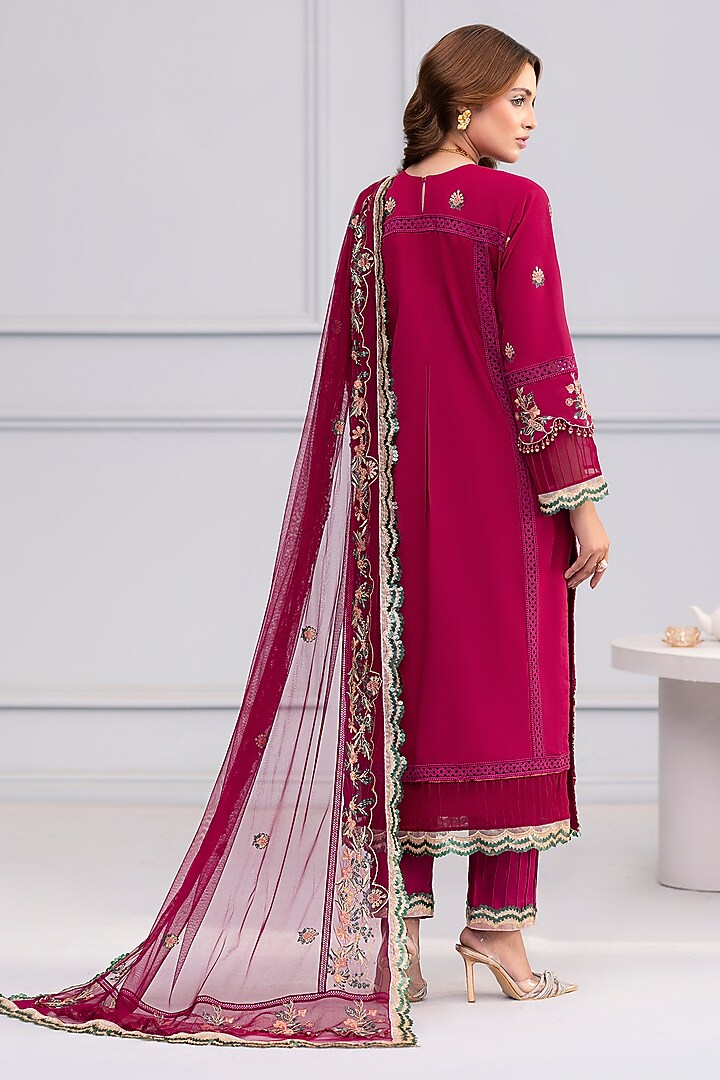 Cherry-Colored Cotton Lace Embroidered Kurta Set by RINESSA at Pernia's Pop Up Shop