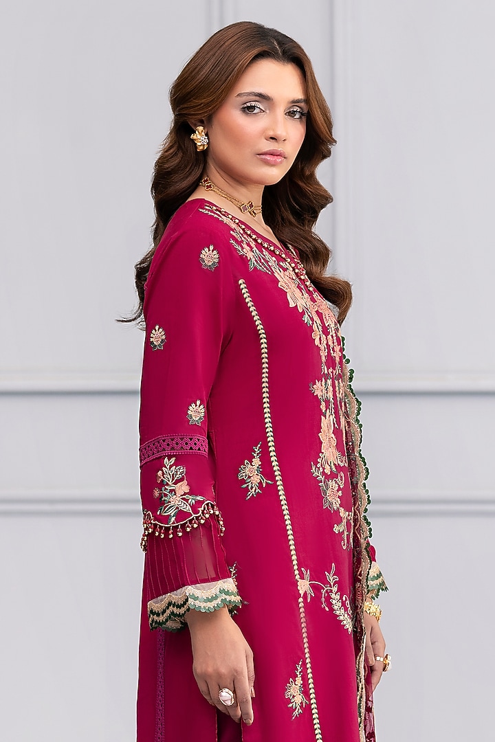 Cherry-Colored Cotton Lace Embroidered Kurta Set by RINESSA at Pernia's Pop Up Shop